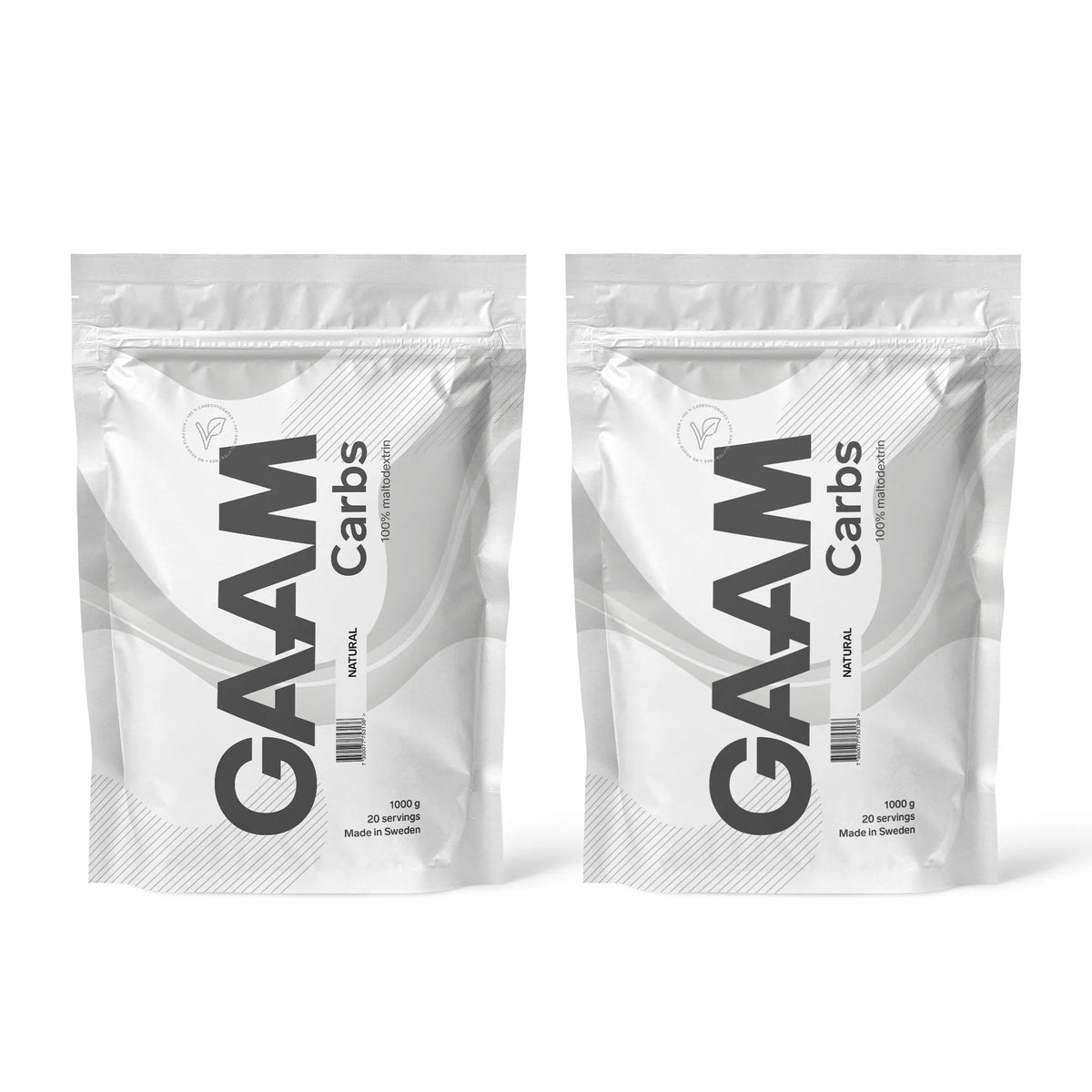 2 x GAAM Carbs - 100% Maltodextrin 1 kg i två vita påsar med grå detaljer för smaken Naturell.