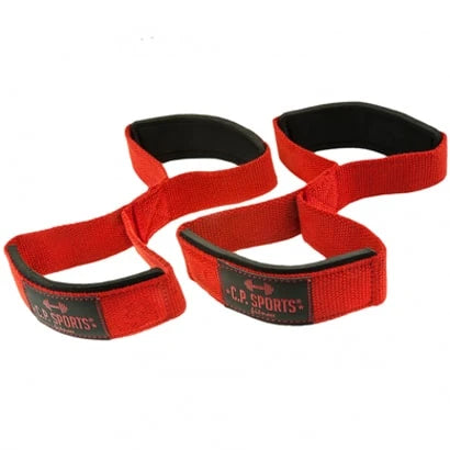 Röda C.P. Sports Figure 8 Straps - Closed Loop Quick Straps Red, ett par dragremmar i bomull med svarta detaljer., bild 1 av 1