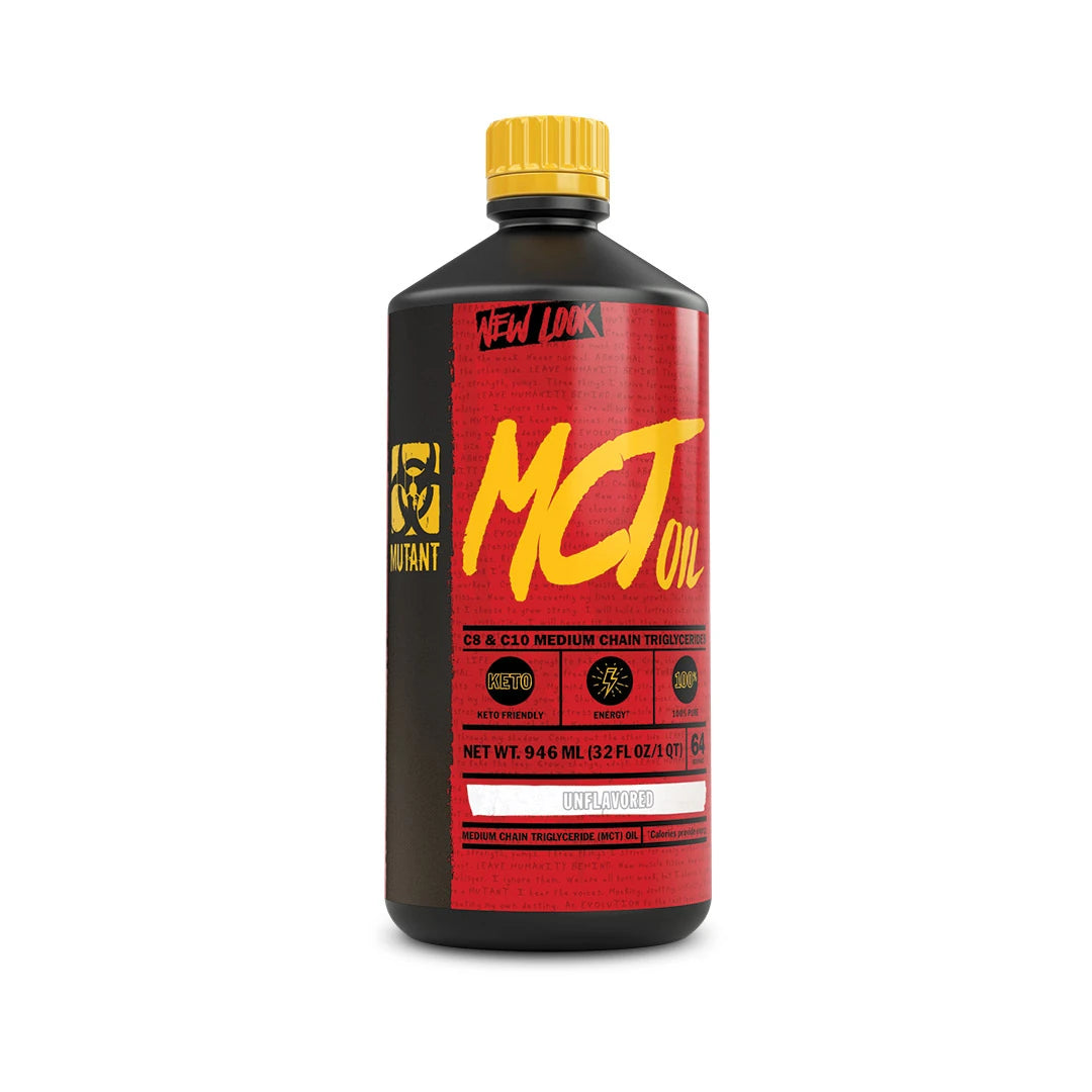 Mutant Nutrition MCT Oil 946 ml i en svart flaska med röd etikett och gul kork., bild 1 av 1