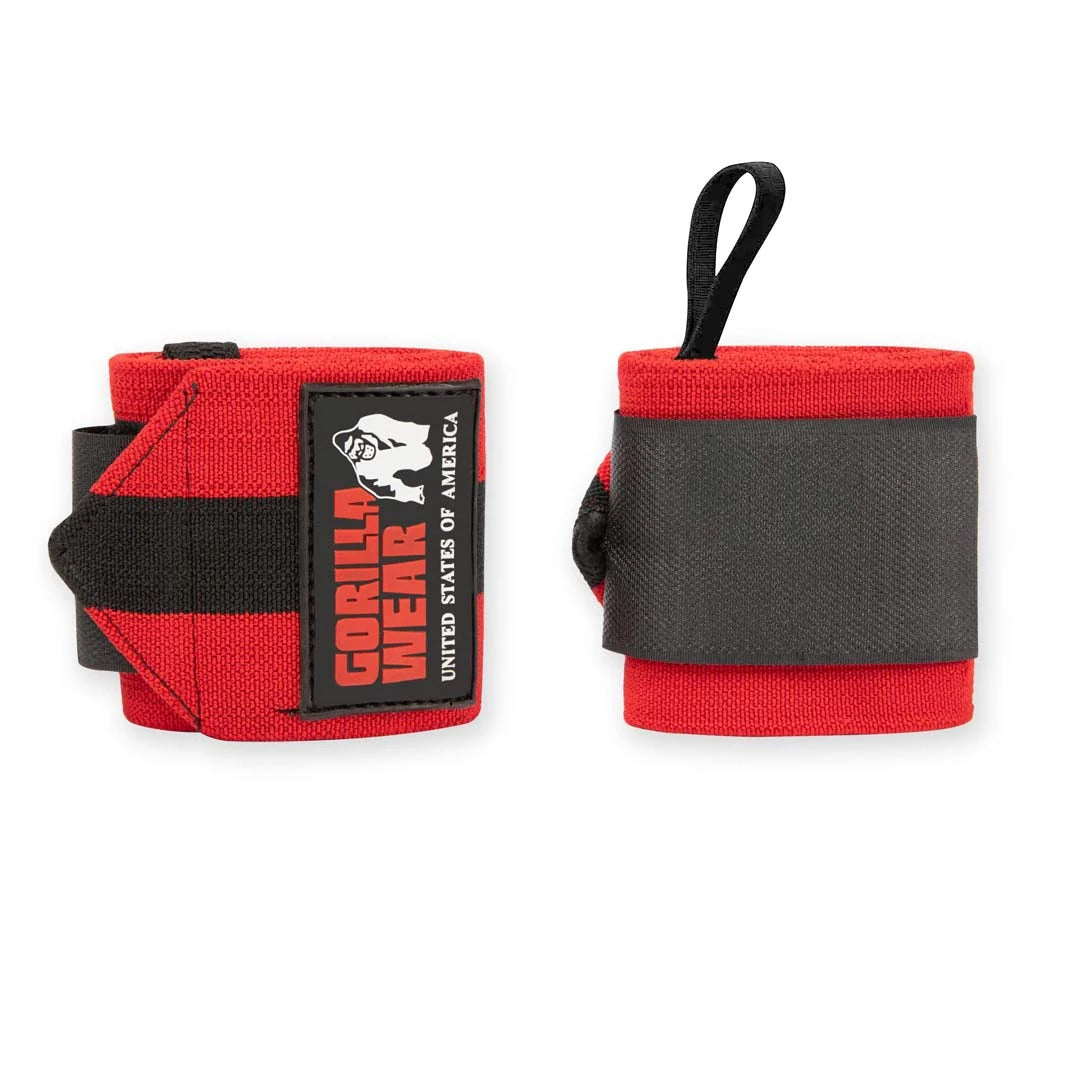 Gorilla Wear Wrist Wraps Ultra Black/Red, elastiska handledslindor i rött och svart med tumöglor och kardborre., bild 1 av 1