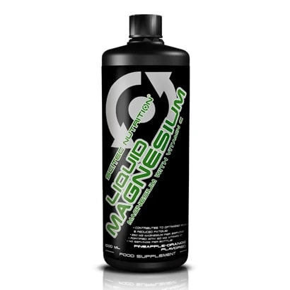 Scitec Nutrition Liquid Magnesium 1000 ml flytande magnesium i en svart flaska med grön och vit text., bild 1 av 1