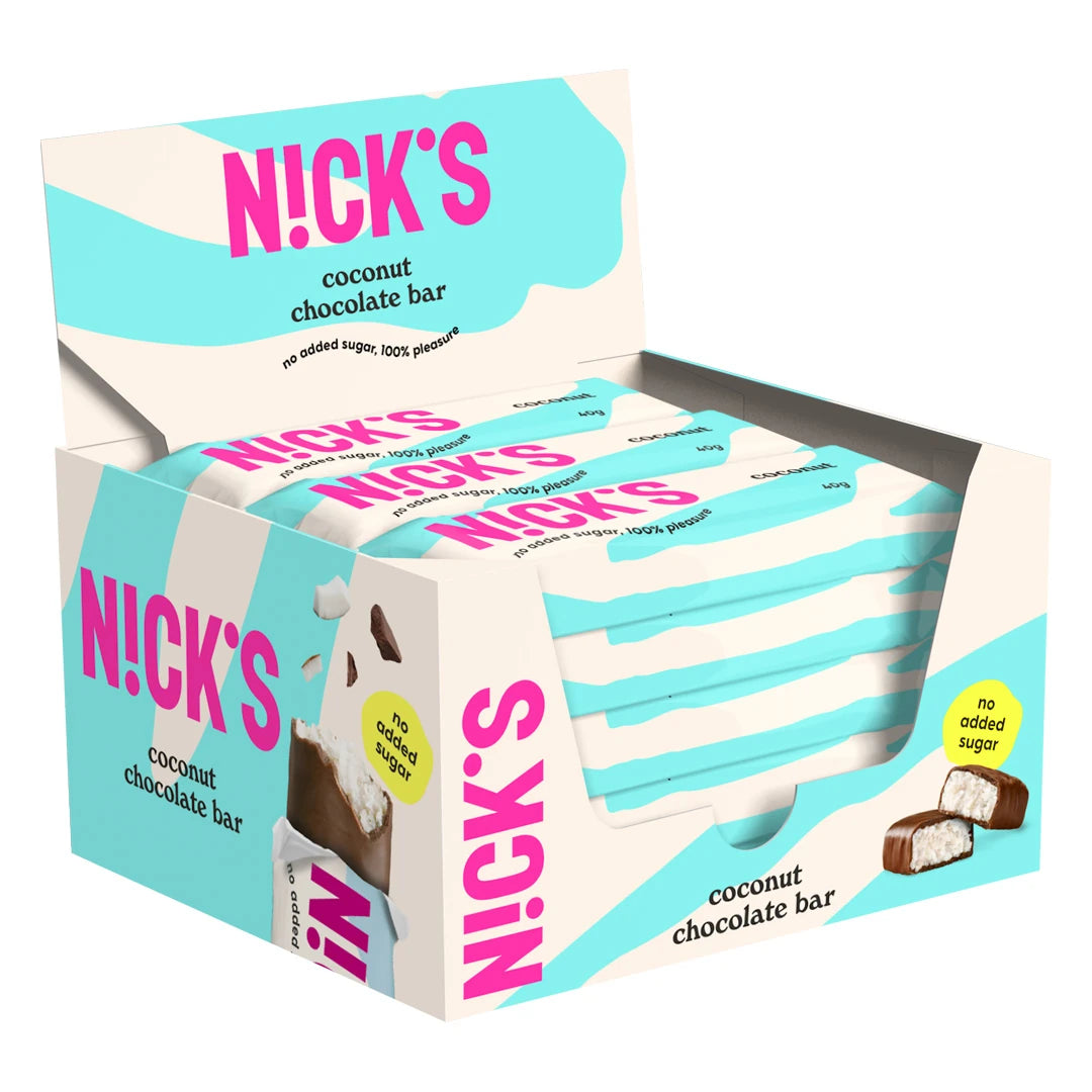 15 x Nicks Coconut 40 g i en ljusblå och vit displaylåda fylld med matchande chokladbars.