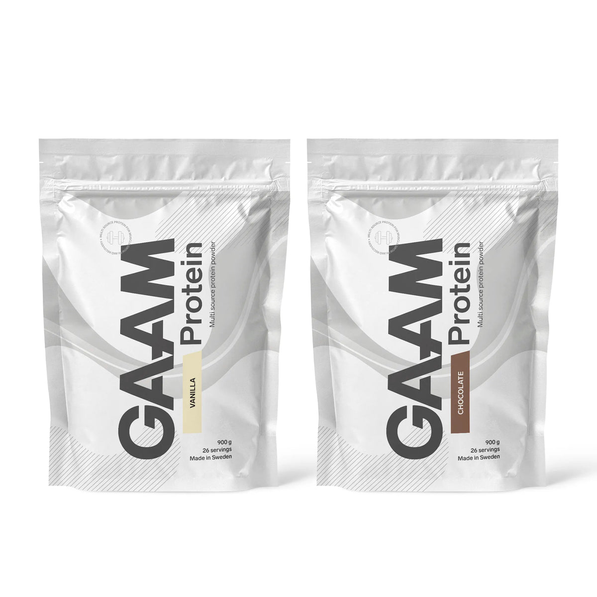 2 x GAAM Protein 900 g proteinpulver i två vita påsar för smakerna Vanilla och Chocolate., bild 1 av 1