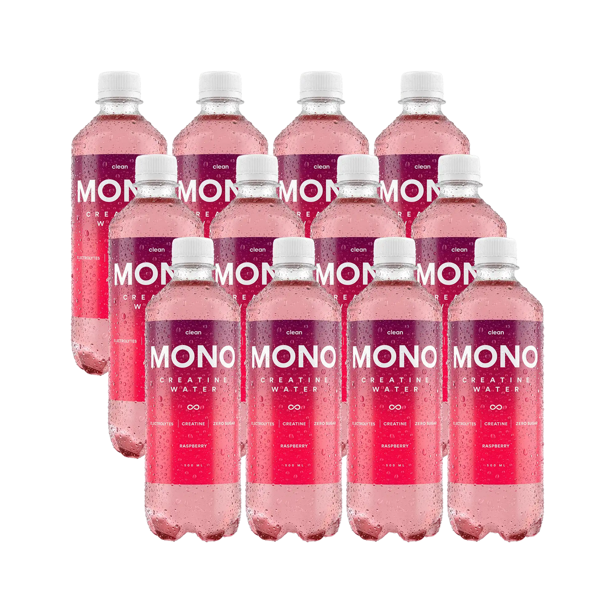 12 x Clean MONO Creatine Water 500 ml Raspberry i klara plastflaskor med mörkrosa etiketter och rosa dryck., bild 1 av 1