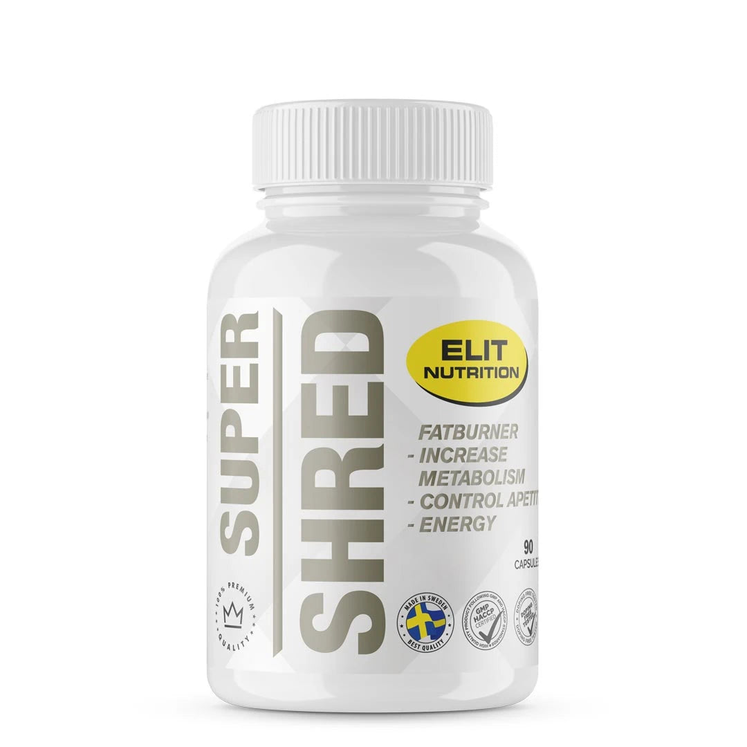 Elit Nutrition Super Shred Fettförbrännare 90 caps förpackad i en vit burk med gula och grå detaljer., bild 1 av 1