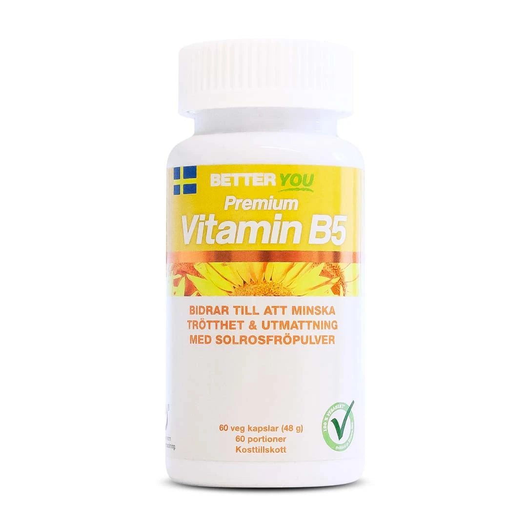 Better You Premium Vitamin B5 60 caps i en vit burk med gul etikett och solrosmotiv., bild 1 av 1
