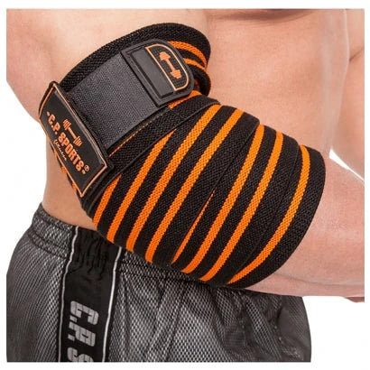 C.P. Sports Elbow Wraps Pro elastiska armbågslindor i svart och orange, lindade på en arm för stöd vid träning.