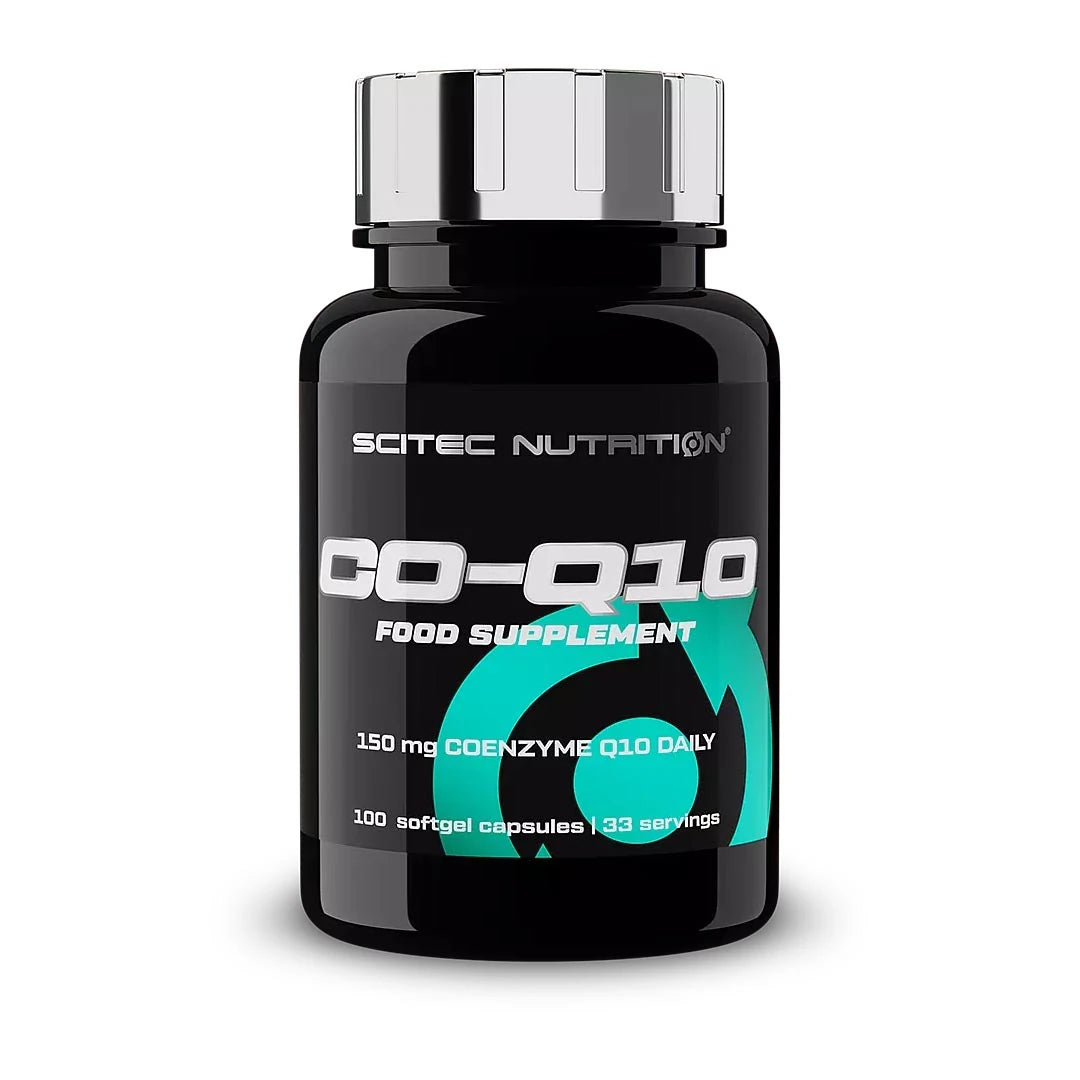Scitec Nutrition CO-Q10 100 caps kosttillskott i en svart burk med turkosa detaljer och silvrigt lock., bild 1 av 1