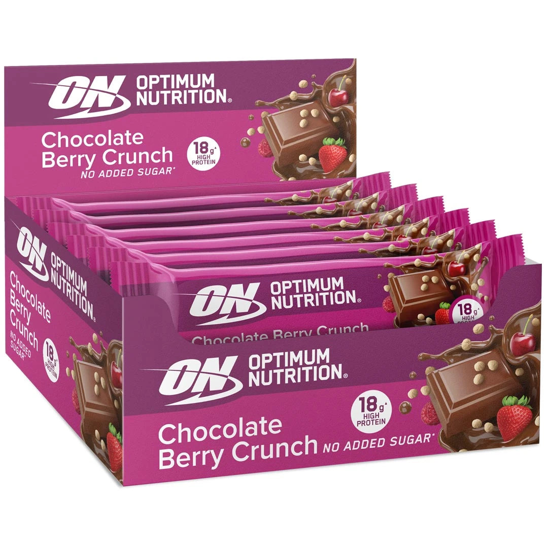 12 x Optimum Nutrition Chocolate Protein Bar 55-59 g Mixlåda i en rosa låda fylld med Chocolate Berry Crunch-bars., bild 1 av 1