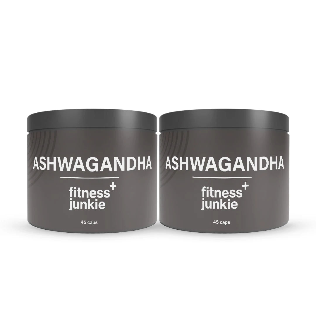 2 x fitnessjunkie Ashwagandha 45 caps kosttillskott i två mörkgrå burkar med vit text., bild 1 av 1
