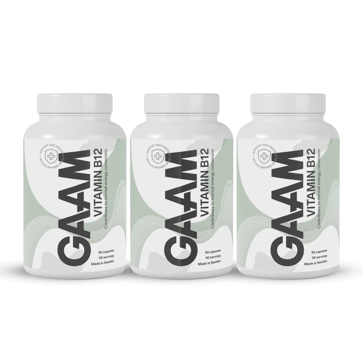 3 x GAAM Vitamin B12 90 caps i tre vita burkar med ljusgrönt mönster på etiketten., bild 1 av 1