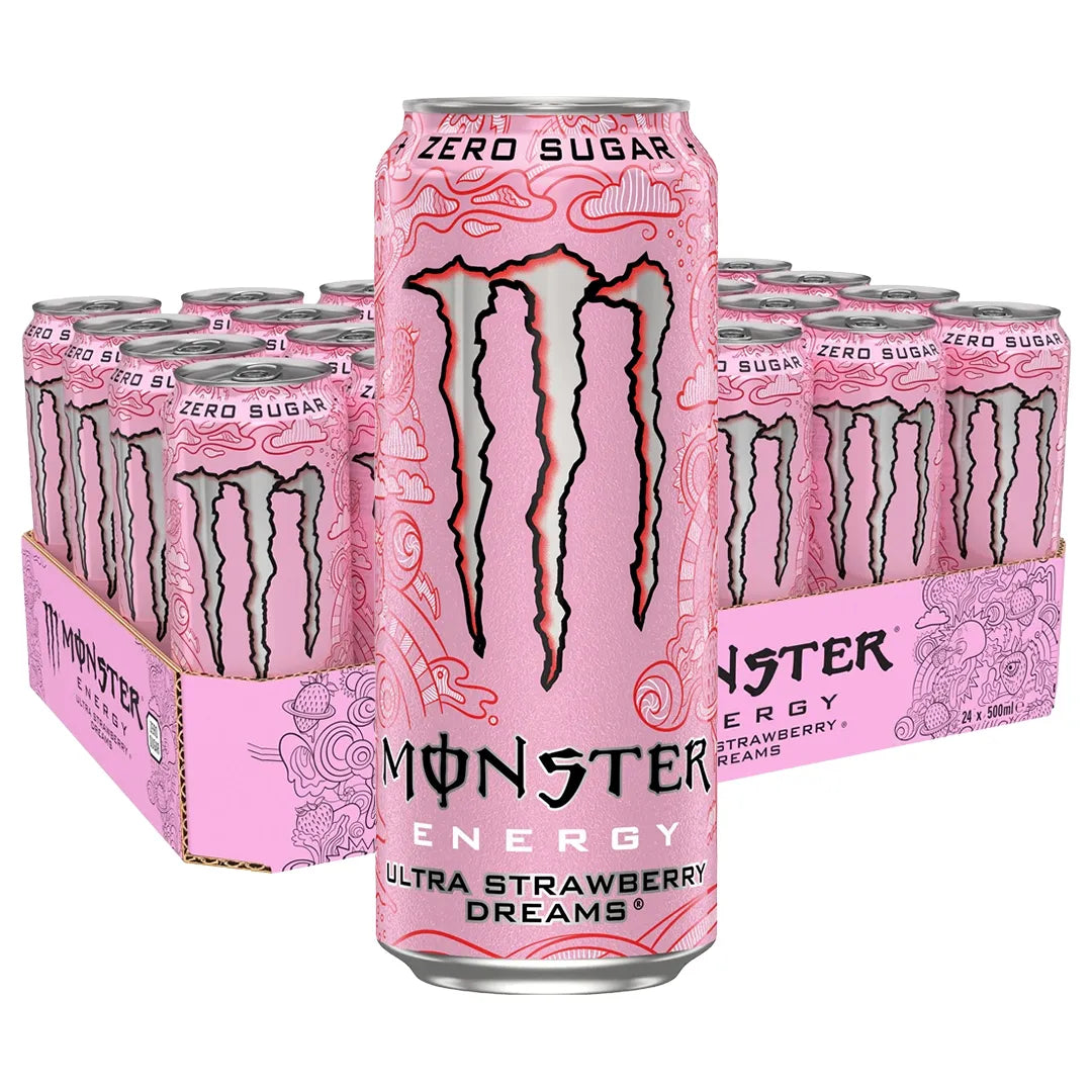24 x Monster Energy 500 ml Ultra Strawberry Dreams (sockerfri) i ett rosa flak med mönstrade rosa burkar., bild 1 av 1