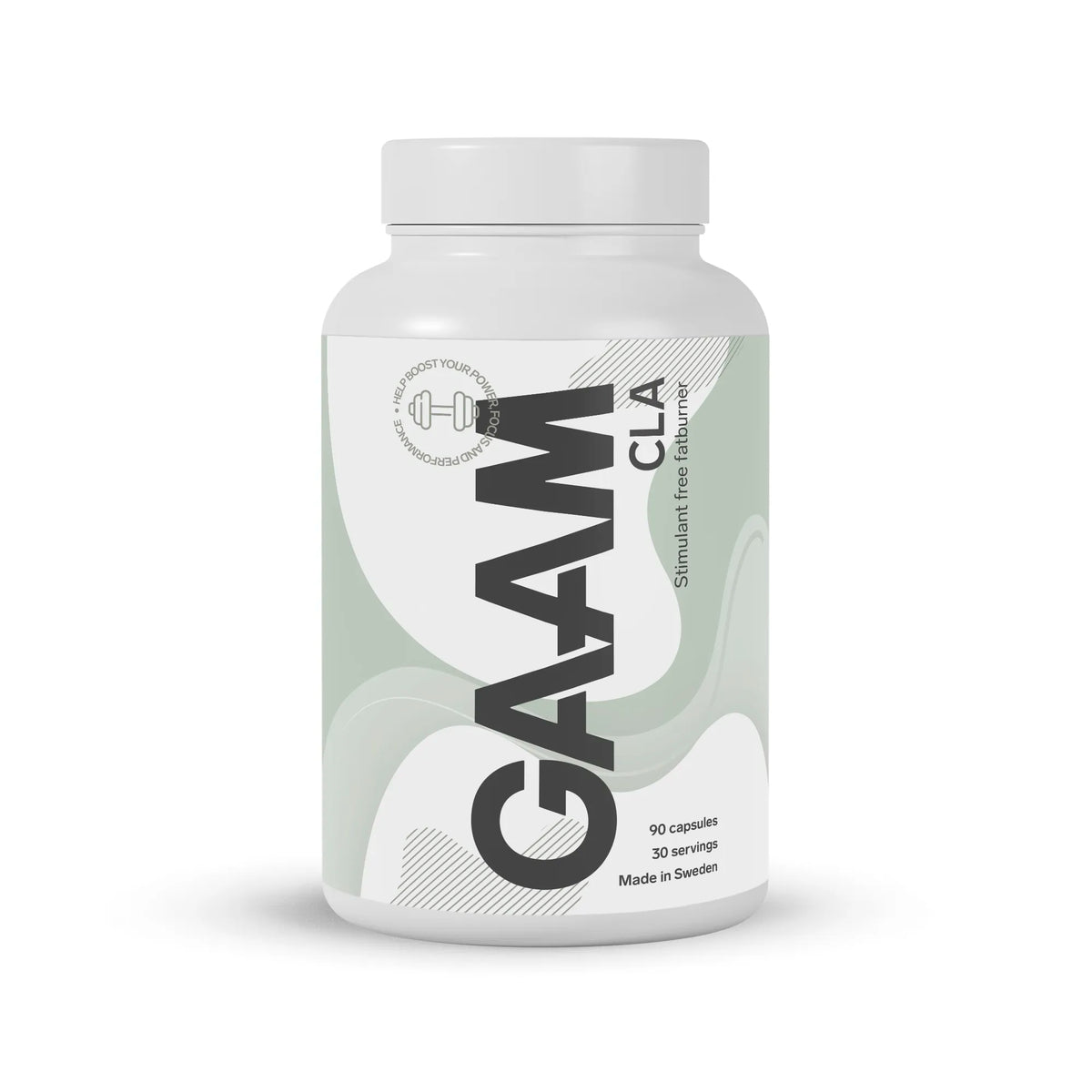 GAAM CLA 90 caps fettförbrännare i kapselform förpackad i en vit plastburk med ljusgröna detaljer.