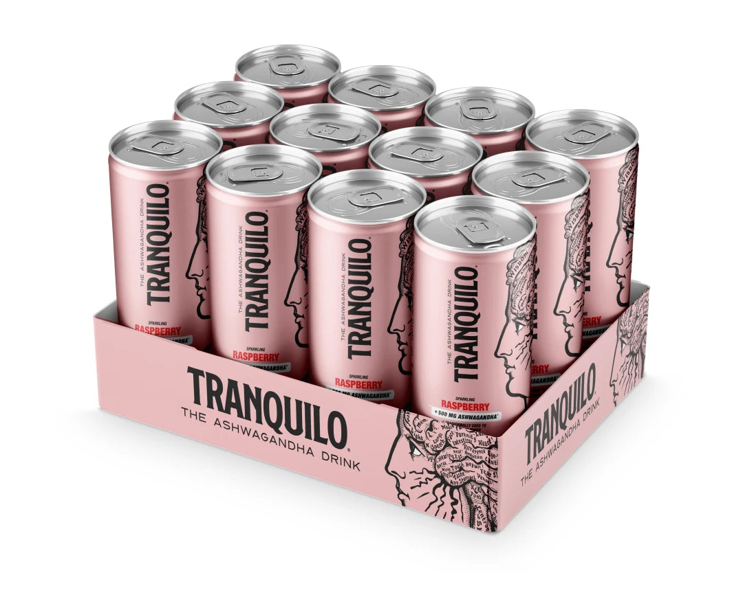 12 x Tranquilo 330 ml Hallon i ett ljusrosa flak med matchande rosa burkar och svarta detaljer för hallonsmak., bild 1 av 1