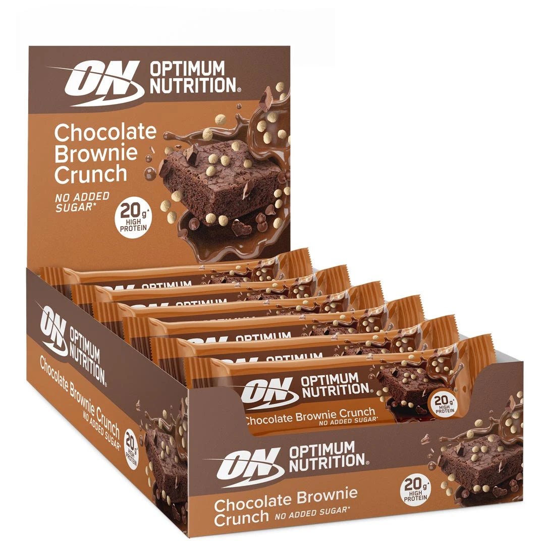 10 x Optimum Nutrition Protein Bar 65 g Chocolate Brownie Crunch i en brun kartong med matchande proteinbars., bild 1 av 1