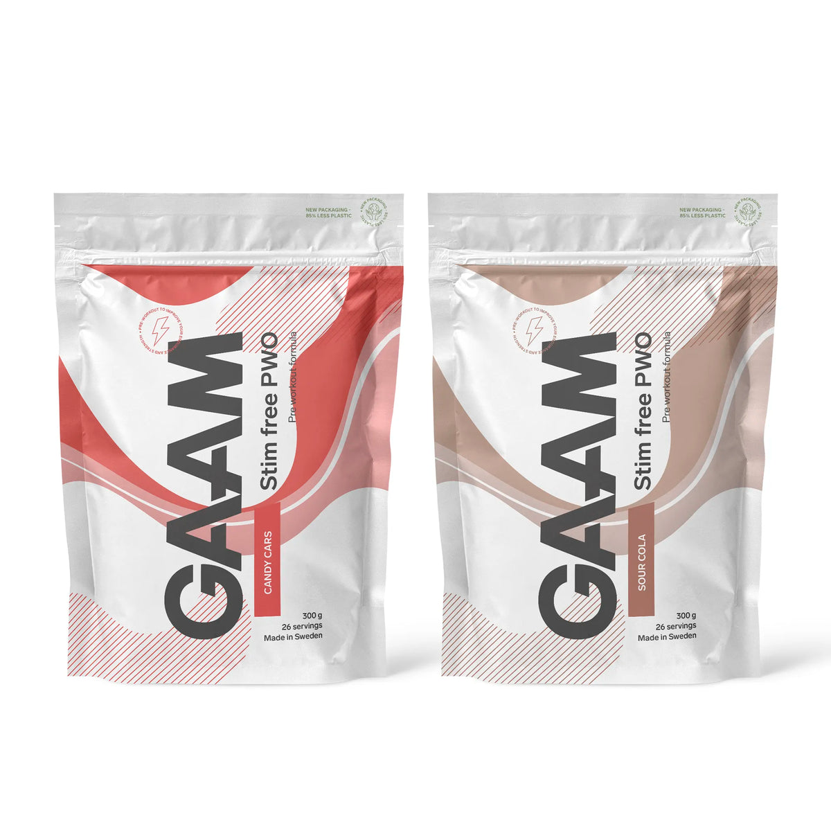 2 x GAAM Stim Free PWO 300 g i två vita påsar med rött och brunt mönster för smakerna Candy Cars och Sour Cola., bild 1 av 1