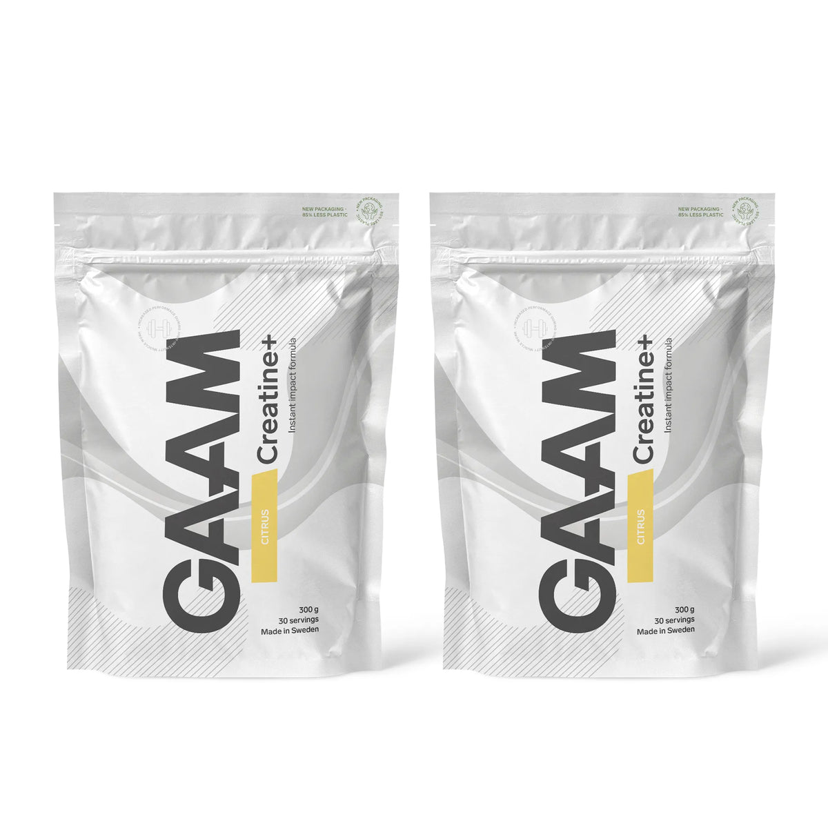 2 x GAAM Creatine+ 300 g i vita påsar med mörkgrå text och gula detaljer för smaken Citrus., bild 1 av 1