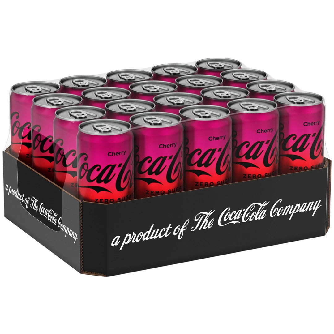 20 x Coca-Cola Zero Cherry 330 ml sockerfri läsk på ett flak med lila och svarta burkar., bild 1 av 1