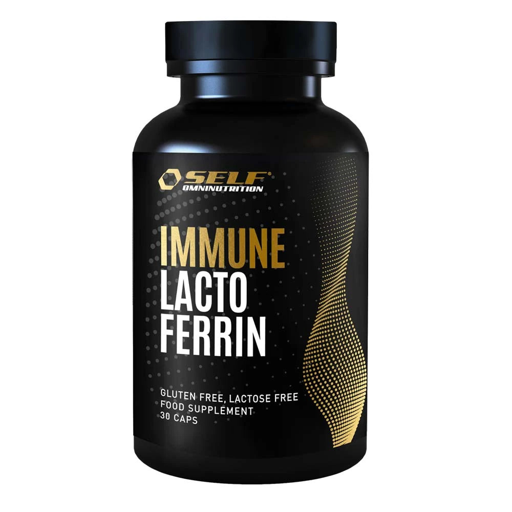 Self Omninutrition Immune Lactoferrin 30 caps kosttillskott i en svart burk med vit och guldig text., bild 1 av 1