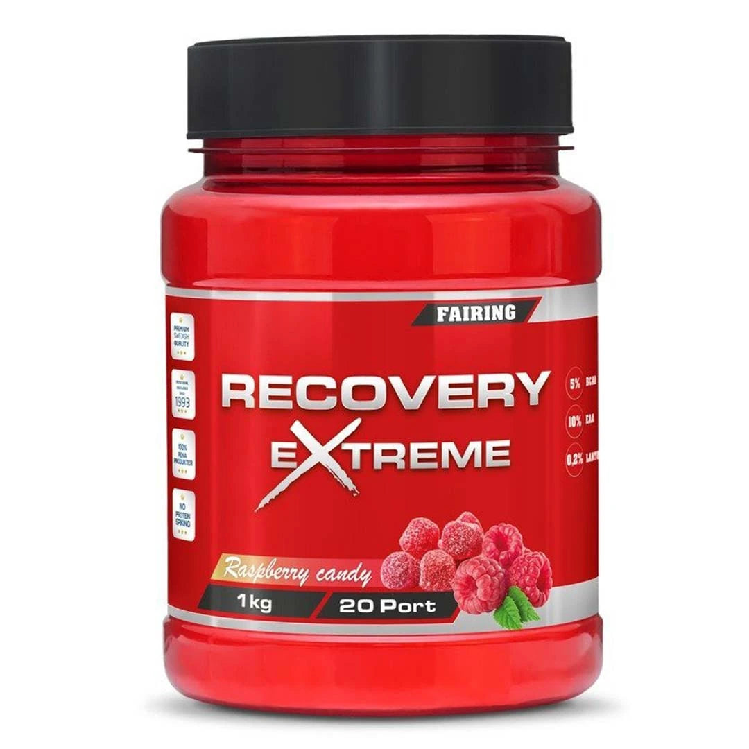 Fairing Recovery Extreme 1 kg återhämtningsdryck i en röd plastburk med svart lock och smak av Raspberry Candy., bild 1 av 2