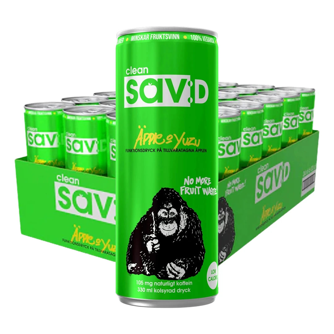 24 x Clean Sav:D 330 ml Äpple Yuzu i ett grönt flak med matchande gröna burkar med en apa och vit text., bild 1 av 1