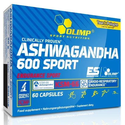 Olimp Ashwagandha 600 Sport Edition 60 caps i en stilren blå kartong med vit och gul text., bild 1 av 1