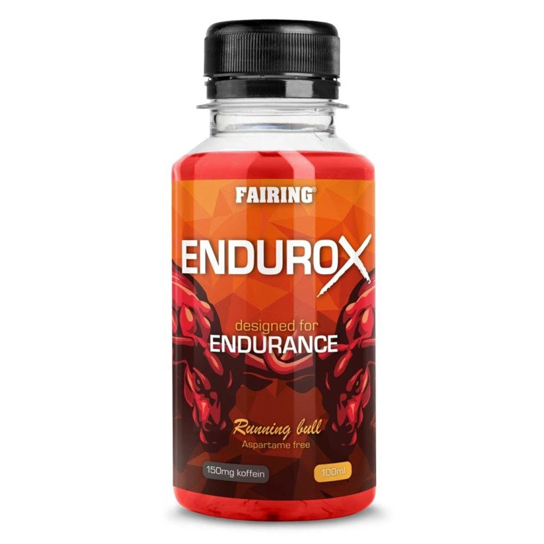 Fairing Endurox 60 ml drickfärdig PWO-shot i en liten plastflaska med röd, orange och svart etikett., bild 1 av 1