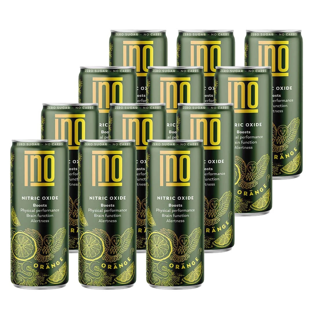 12 x INO Nitric Oxide Drink 330 ml med mörkgröna burkar och gula detaljer i smaken Orange.