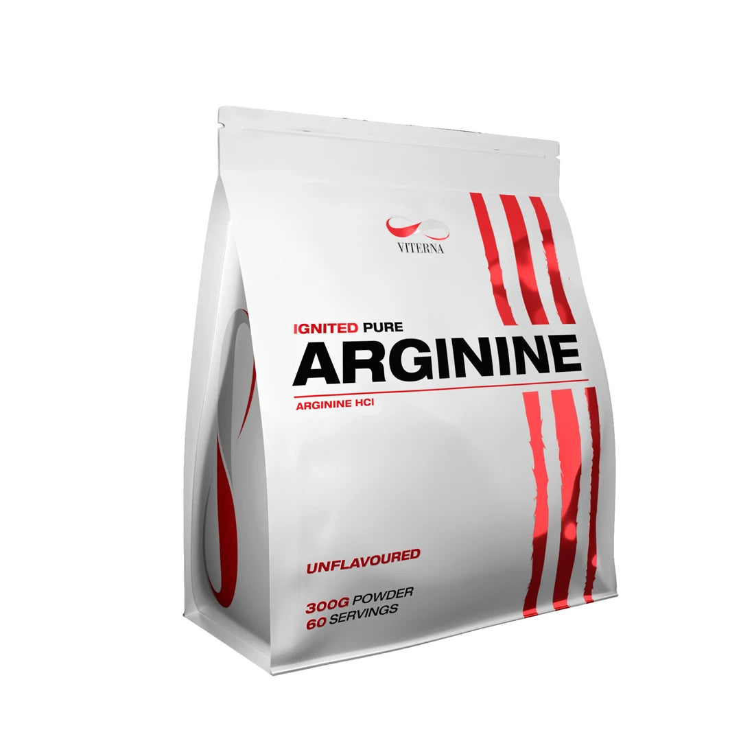 Viterna Arginine Powder 300 g i en vit påse med röda detaljer och texten unflavoured., bild 1 av 1