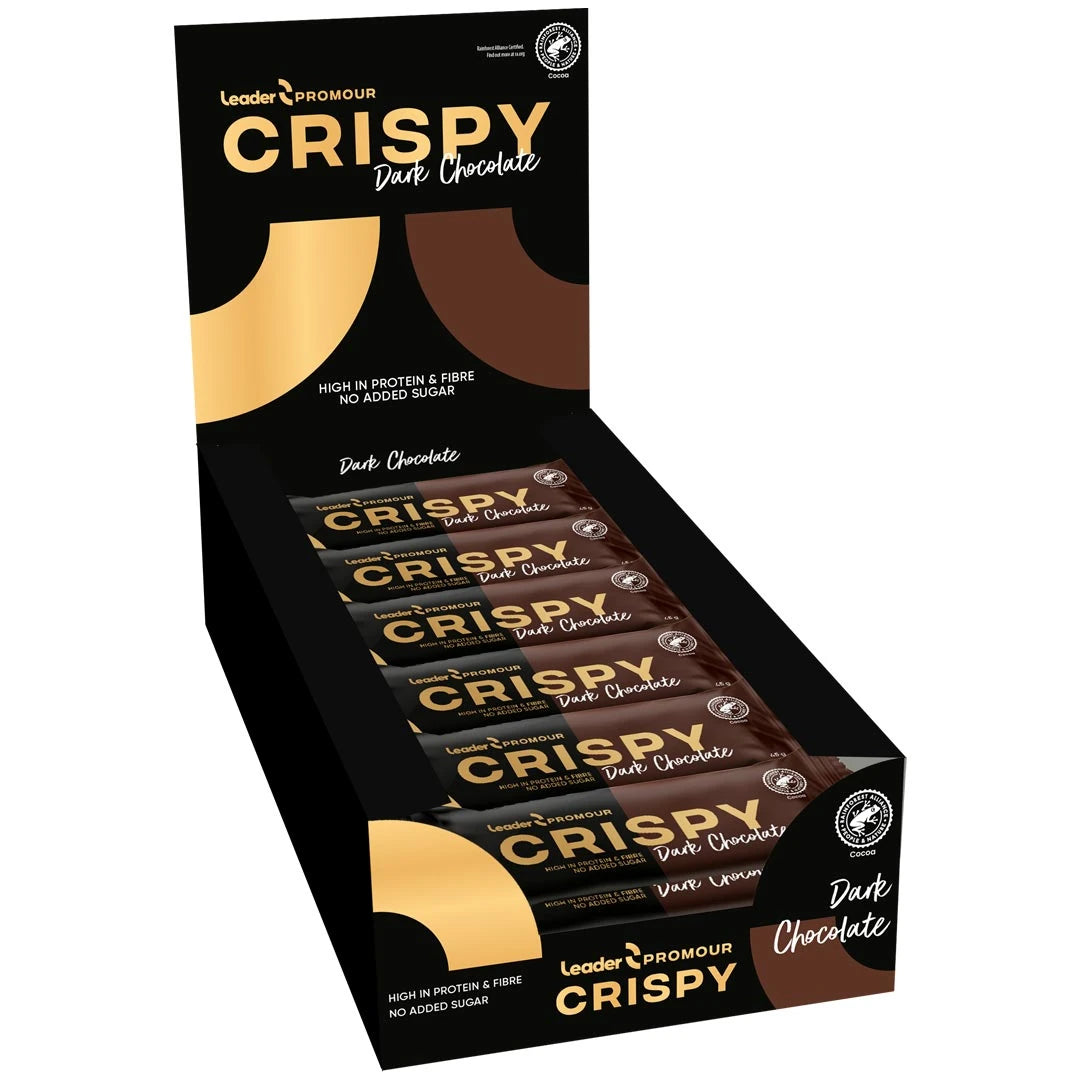 18 x Leader Promour Crispy MIX 45 g i en svart displaylåda med guldiga detaljer för smaken Dark Chocolate., bild 1 av 1