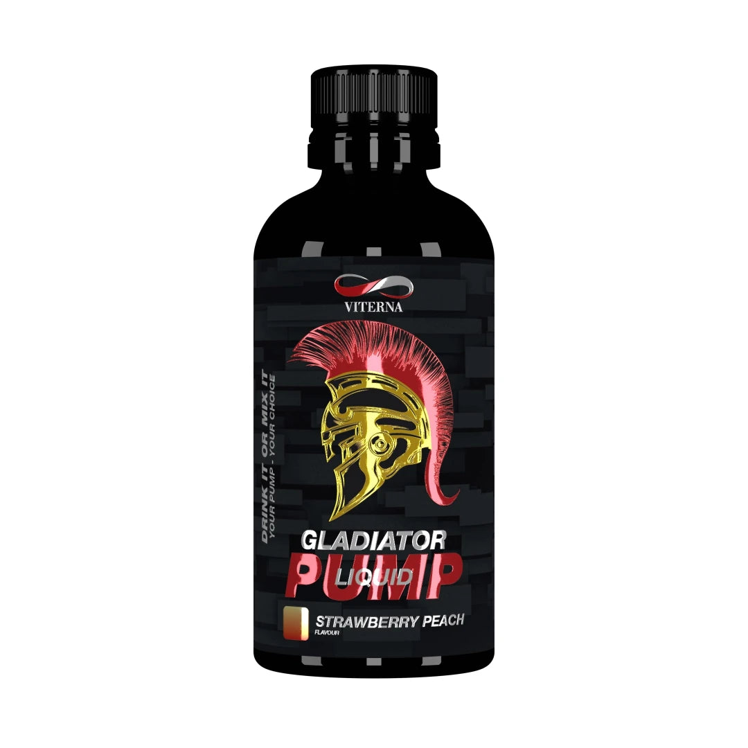 Viterna Gladiator Pump Liquid 500 ml i en svart flaska med röd och guldig gladiatorhjälm för smaken Strawberry Peach., bild 1 av 2