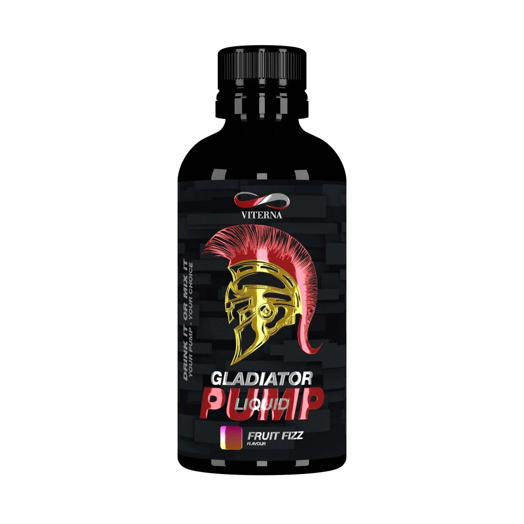 Viterna Gladiator Pump Liquid 500 ml i en svart flaska med en guldig gladiatorhjälm för smaken Fruit Fizz., bild 2 av 2