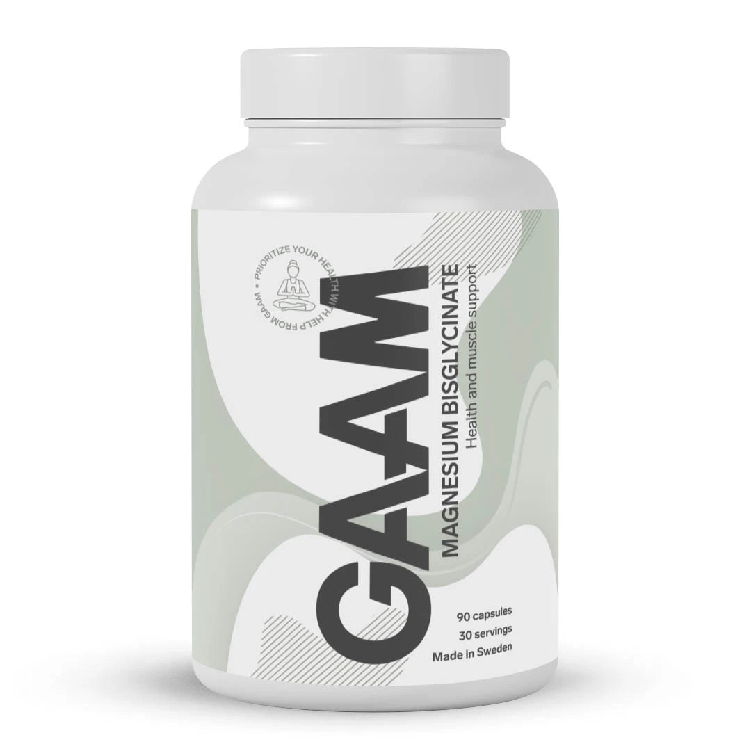 GAAM Magnesium Bisglycinate 90 caps i en vit burk med ljusgröna och grå detaljer på etiketten., bild 1 av 1