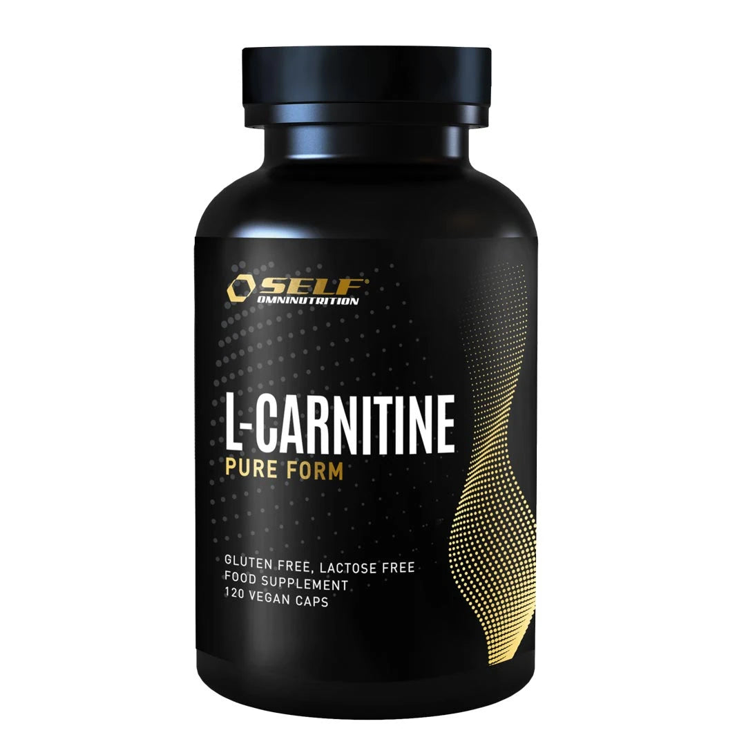 Self Omninutrition L-carnitine 120 caps fettförbrännare, förpackad i en svart burk med gulddetaljer., bild 1 av 1