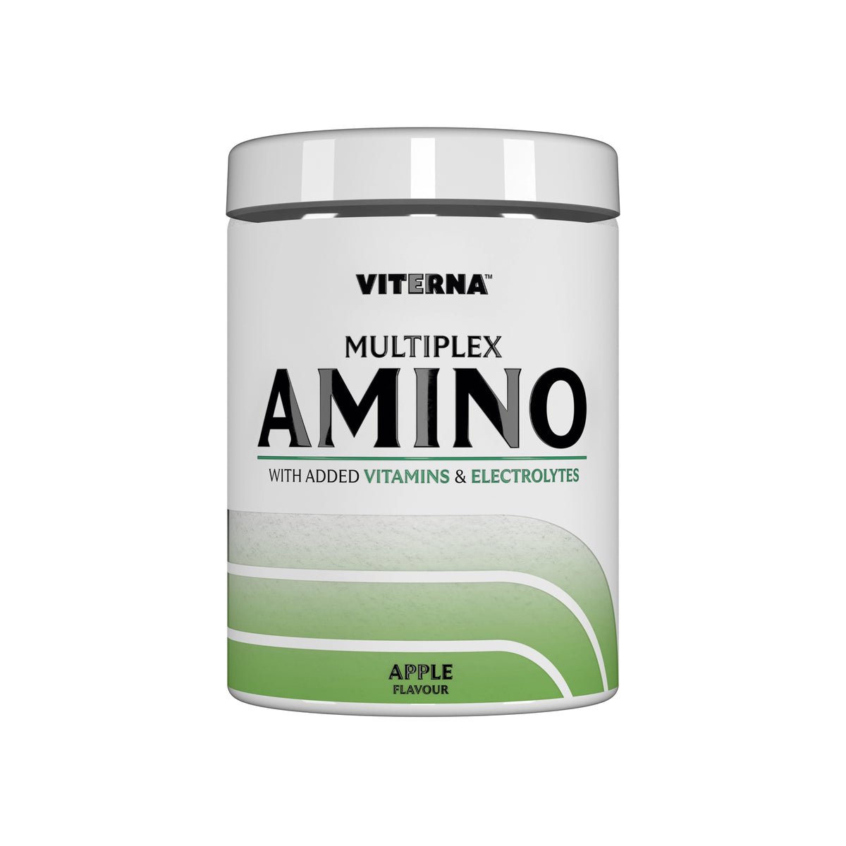 Viterna Multiplex Amino 400 g aminosyror i en vit burk med silverlock och gröna detaljer för smaken Apple.