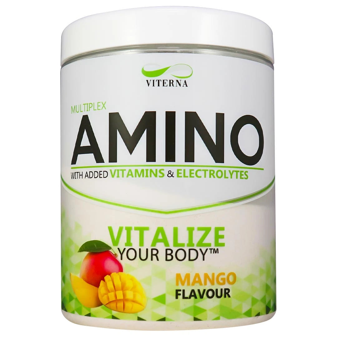 Viterna Multiplex Amino 400 g aminosyror i en vit burk med gröna detaljer för smaken Mango., bild 2 av 9