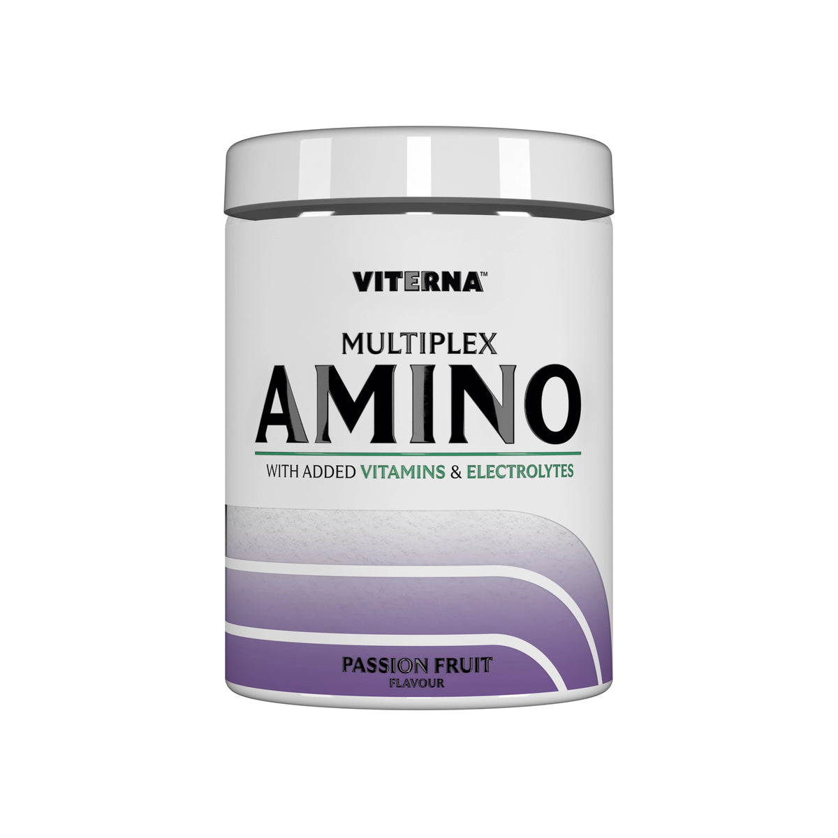 Viterna Multiplex Amino 400 g aminosyror i en vit burk med gröna detaljer och smaken Passionsfrukt., bild 3 av 9