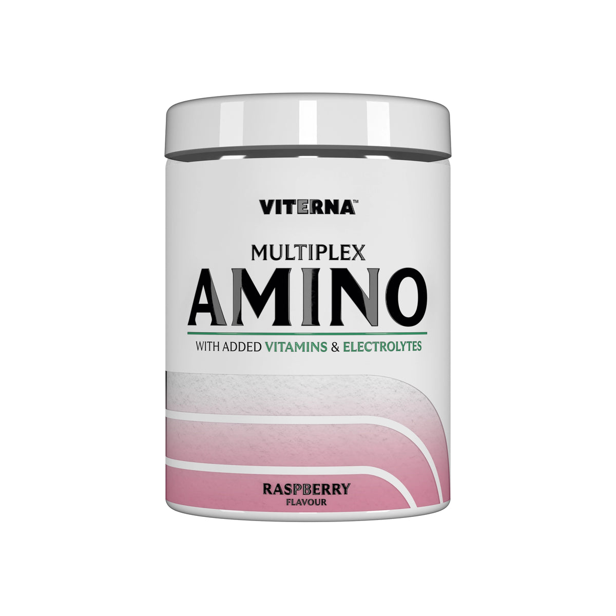 Viterna Multiplex Amino 400 g aminosyror i en vit burk med gröna detaljer och färska hallon för smaken Raspberry., bild 4 av 9