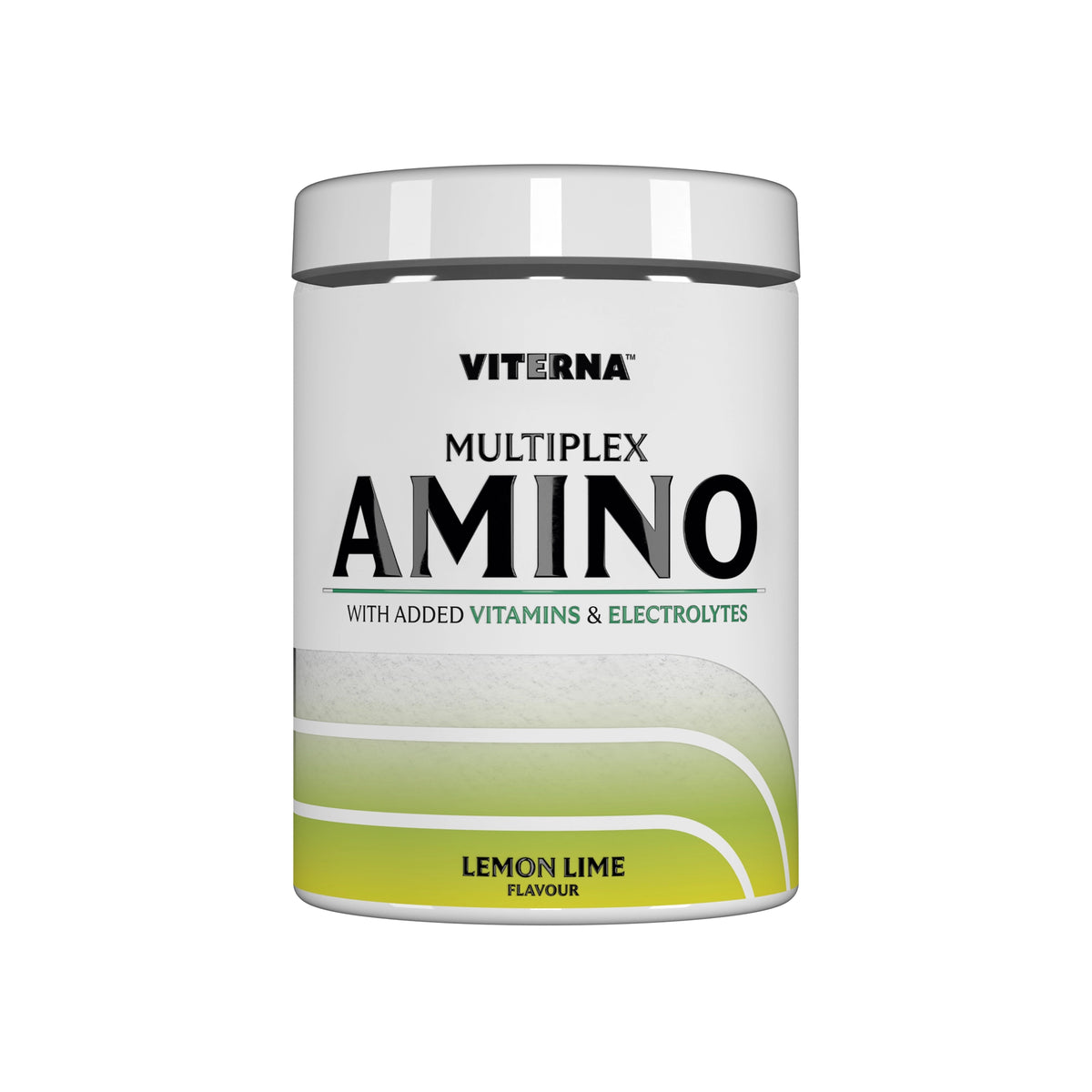 Viterna Multiplex Amino 400 g aminosyror i en vit burk med gröna detaljer för smaken Lemon Lime., bild 7 av 9
