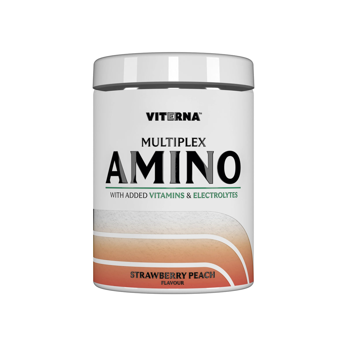 Viterna Multiplex Amino 400 g aminosyror i en vit burk med gröna detaljer för smaken Strawberry Peach., bild 8 av 9