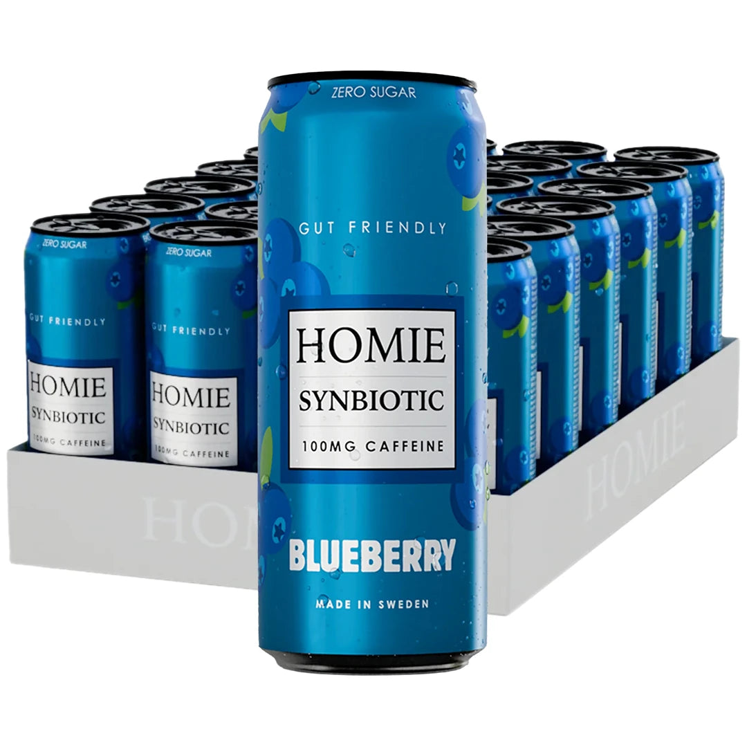 24 x Homie Wake Up Synbiotic 330 ml Blueberry energidryck i vitt flak med blå burkar., bild 1 av 1