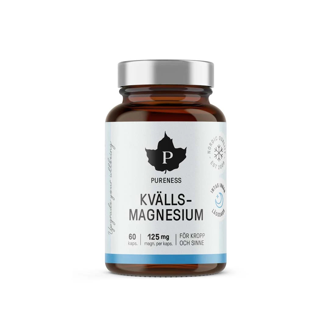 Pureness Kvällsmagnesium 60 caps förpackad i en mörk glasburk med vit etikett och silverfärgat lock., bild 1 av 1