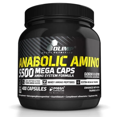 Olimp Anabolic Amino 5500 Mega Caps 400 caps aminosyror i en svart burk med gula och vita detaljer., bild 1 av 1