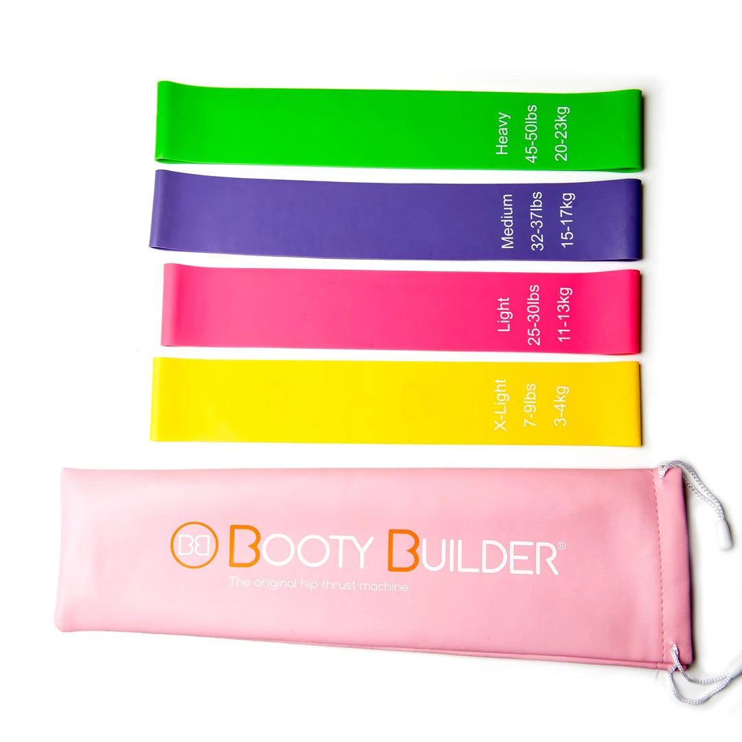 Booty Builder Mini Bands Pink 4-Pack med träningsband i fyra färger och en praktisk rosa förvaringspåse., bild 1 av 1