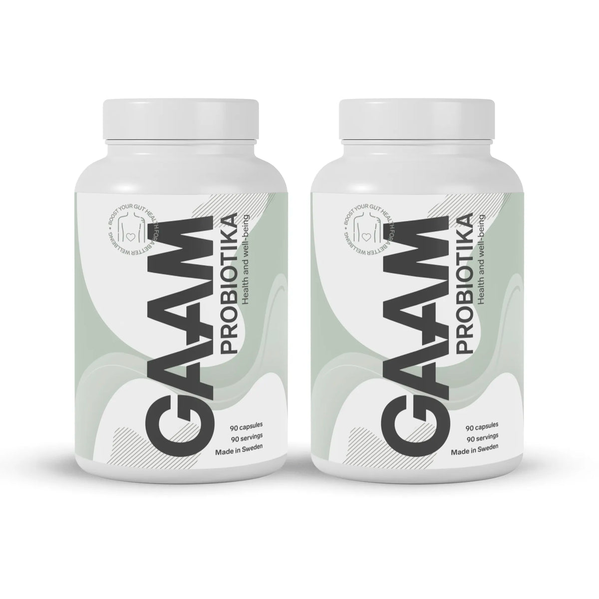 2 x GAAM Probiotika 90 caps i två vita burkar med ljusgrön och mörkgrå text på etiketten.