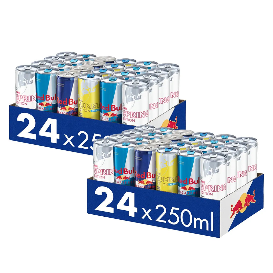 48 x Red Bull Energidryck 250 ml Mixflak fördelat på två blå flak med blandade färgglada burkar., bild 1 av 1