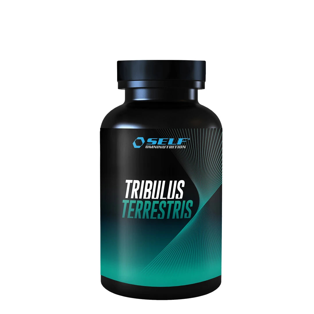 Self Omninutrition Tribulus Terrestris 100 tabs kosttillskott i en svart burk med turkosa grafiska detaljer., bild 1 av 1