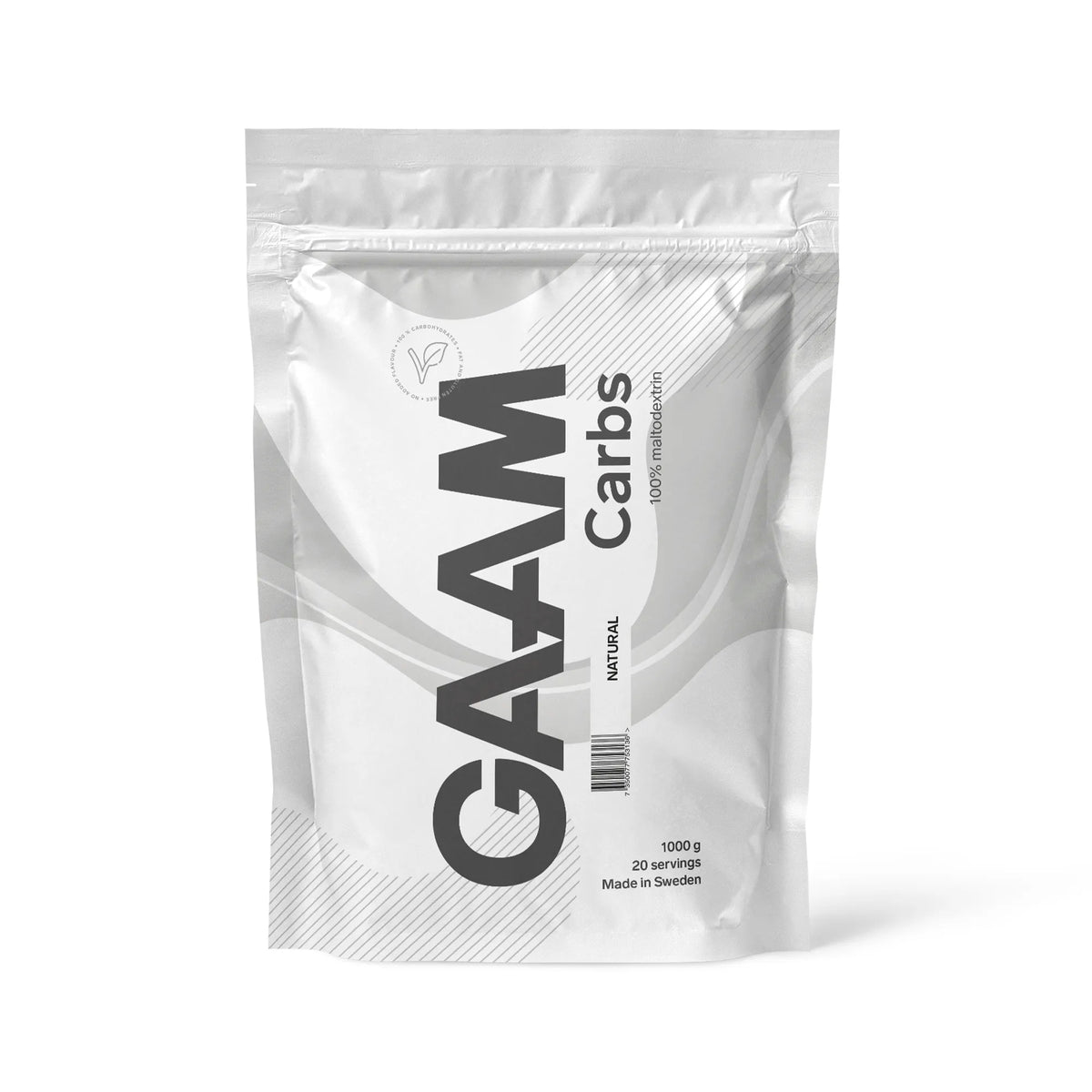 GAAM Carbs - 100% Maltodextrin 1 kg energitillskott förpackad i en stilren vit påse., bild 1 av 1