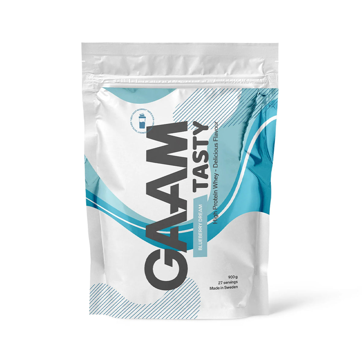 GAAM Tasty Whey 900 g proteinpulver i en vit påse med blå detaljer för smaken Blueberry Dream., bild 3 av 3