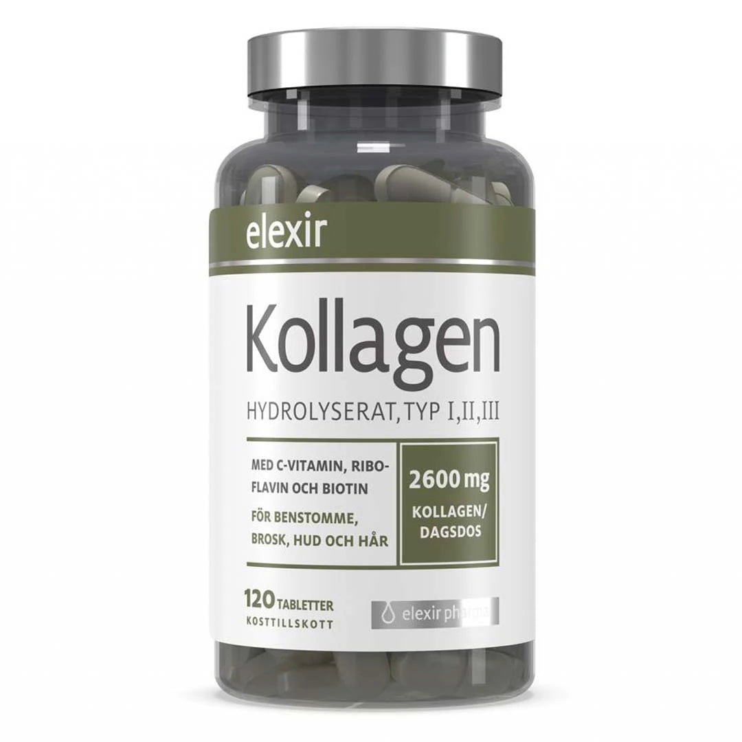 Elexir Pharma Kollagen Hydrolyserat 120 tabs förpackad i en mörk genomskinlig burk med vit etikett och silverlock., bild 1 av 1